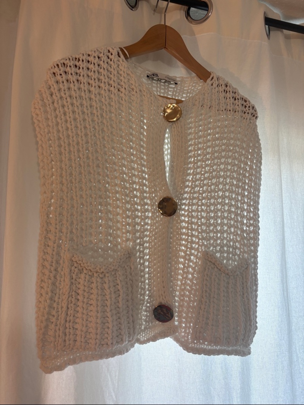 Zara Cream Open-Knit Button Front Sweater Vest